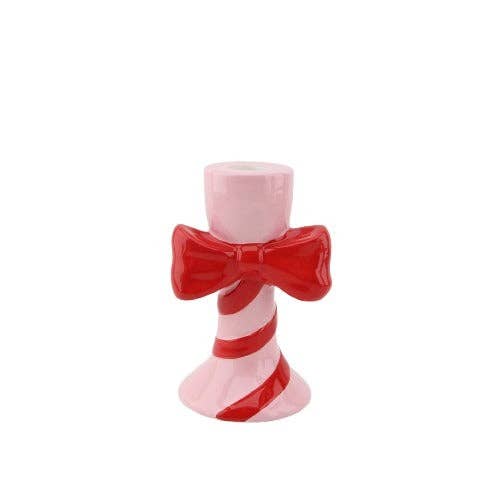 Candelabro - Righe con Fiocco - Rosa/Rosso - 9x8x14cm