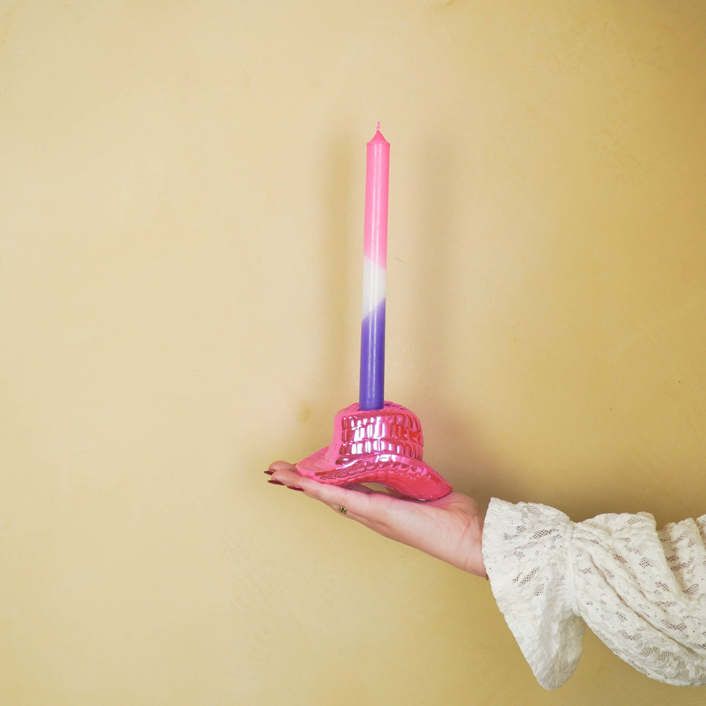 Candlestick - Cowboy Hat - Ceramic - Pink - 13.5x11x7 cm