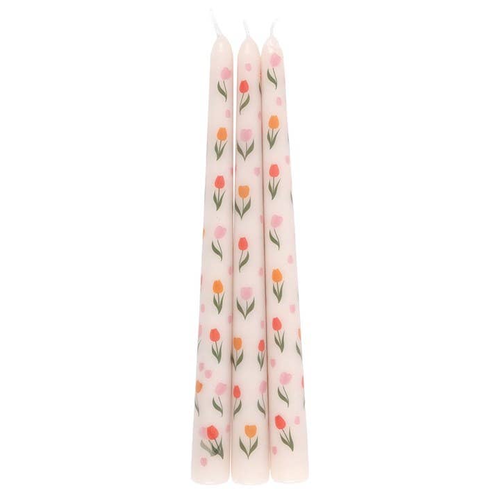 Set of 3 tapered candles with a tulip pattern