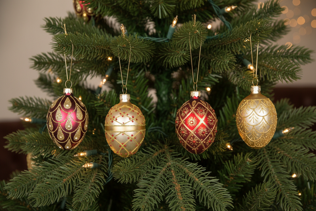 Lot de 4 boules de Noël ovales rouges et dorées