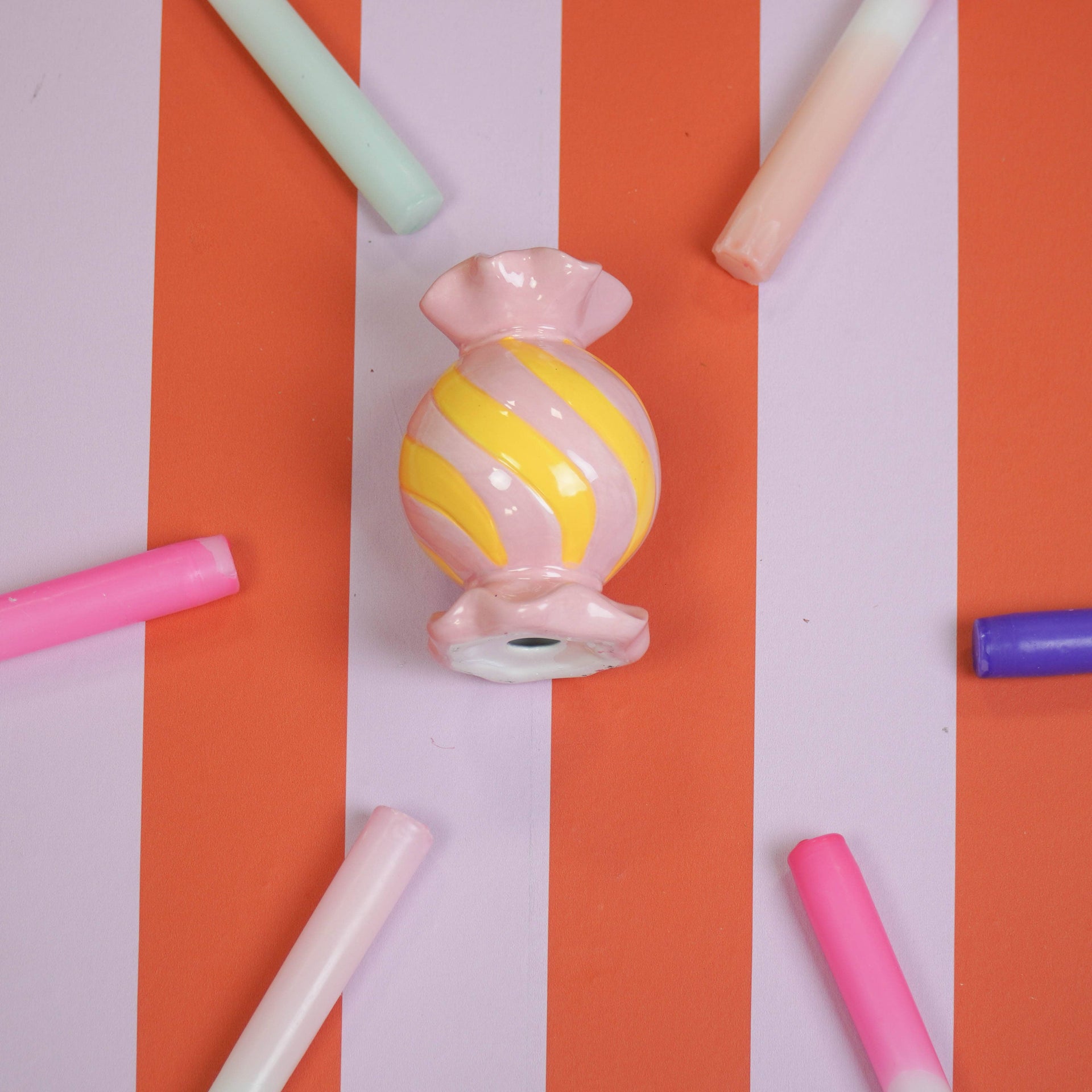 Candlestick - Toffee Candy - Ceramic - Pink/Yellow - 8.5x8.5x13 cm