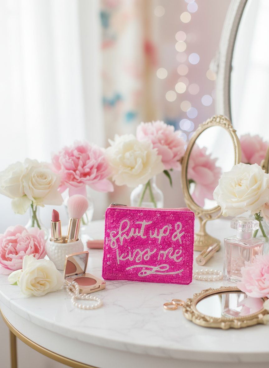 Pochette con zip e perline "Shut Up & Kiss Me"