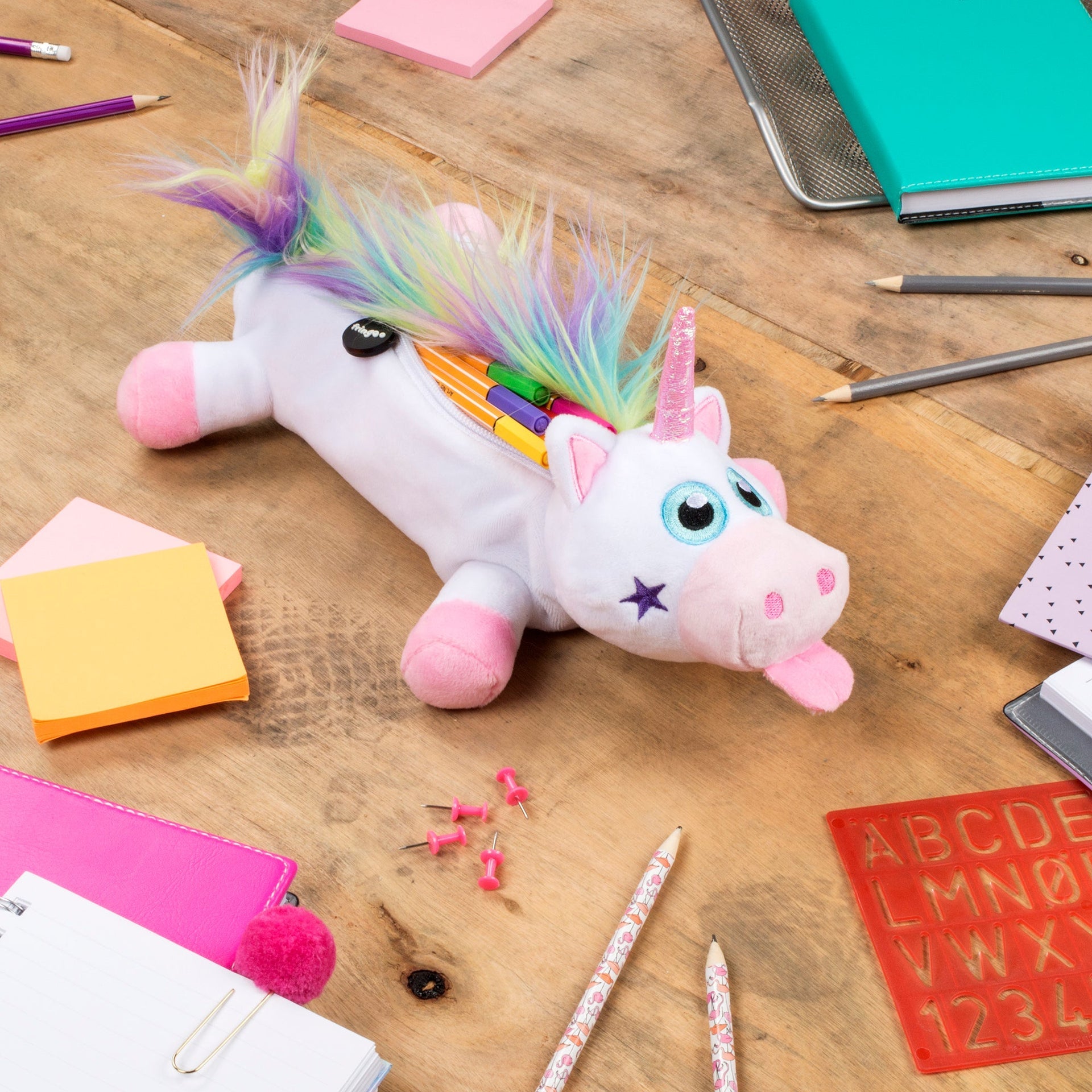 Trousse scolaire peluche licorne blanche arc-en-ciel