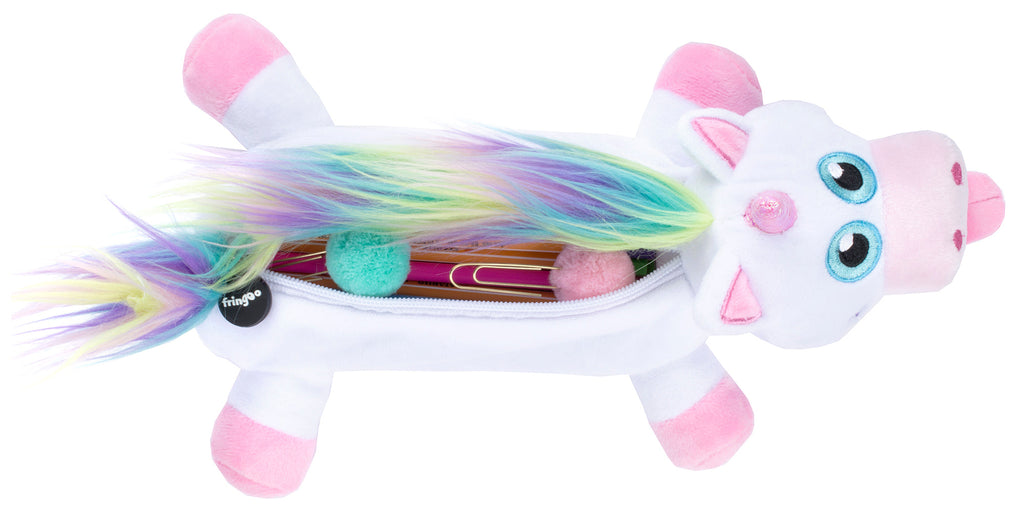 Trousse scolaire peluche licorne blanche arc-en-ciel