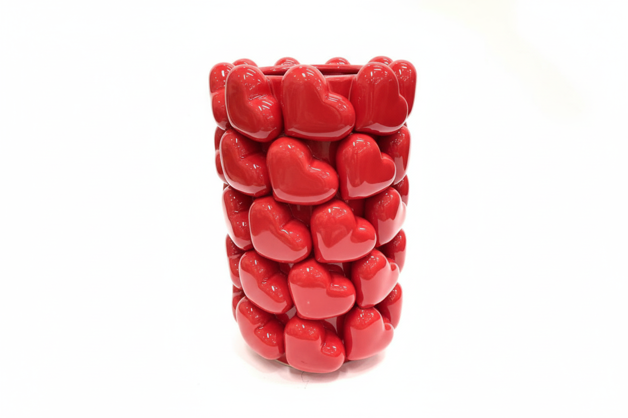 Grande Vaso in Ceramica con Motivi a Cuori 3D