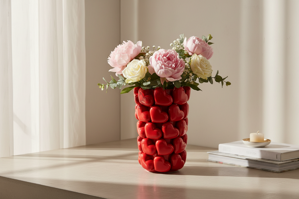 Grande Vaso in Ceramica con Motivi a Cuori 3D