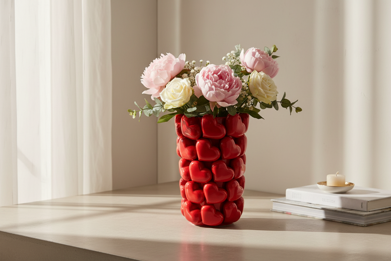 Grande Vaso in Ceramica con Motivi a Cuori 3D