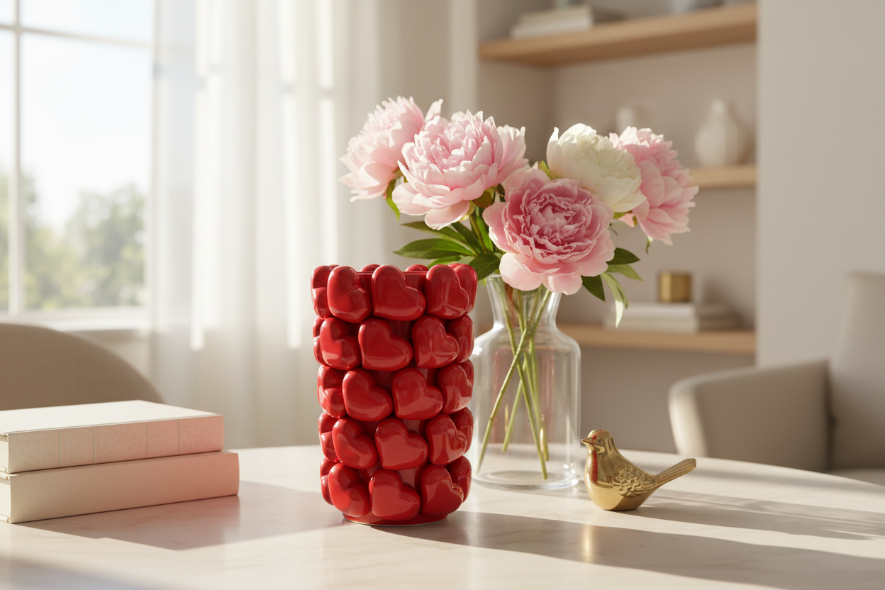Grande Vaso in Ceramica con Motivi a Cuori 3D