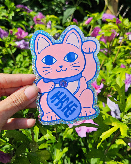Adesivo glitterato Maneki Neko Gatto Portafortuna