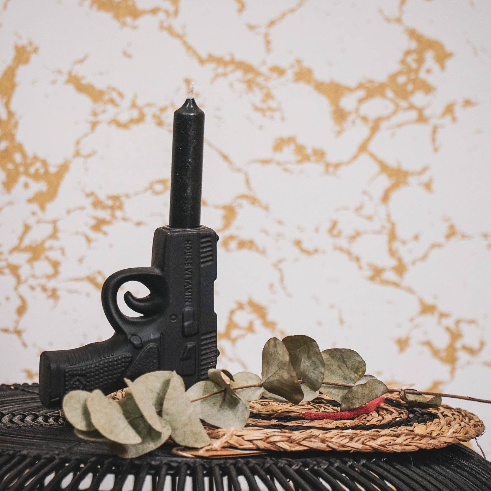 Portacandela - Pistola - Ceramica - Nero - 12x5x12cm