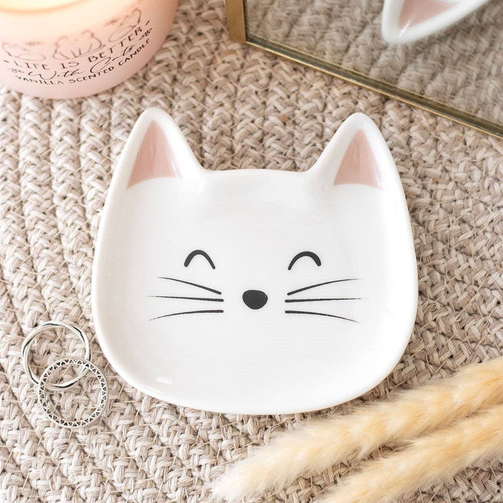 Piatto portagioie a forma di muso di gatto bianco