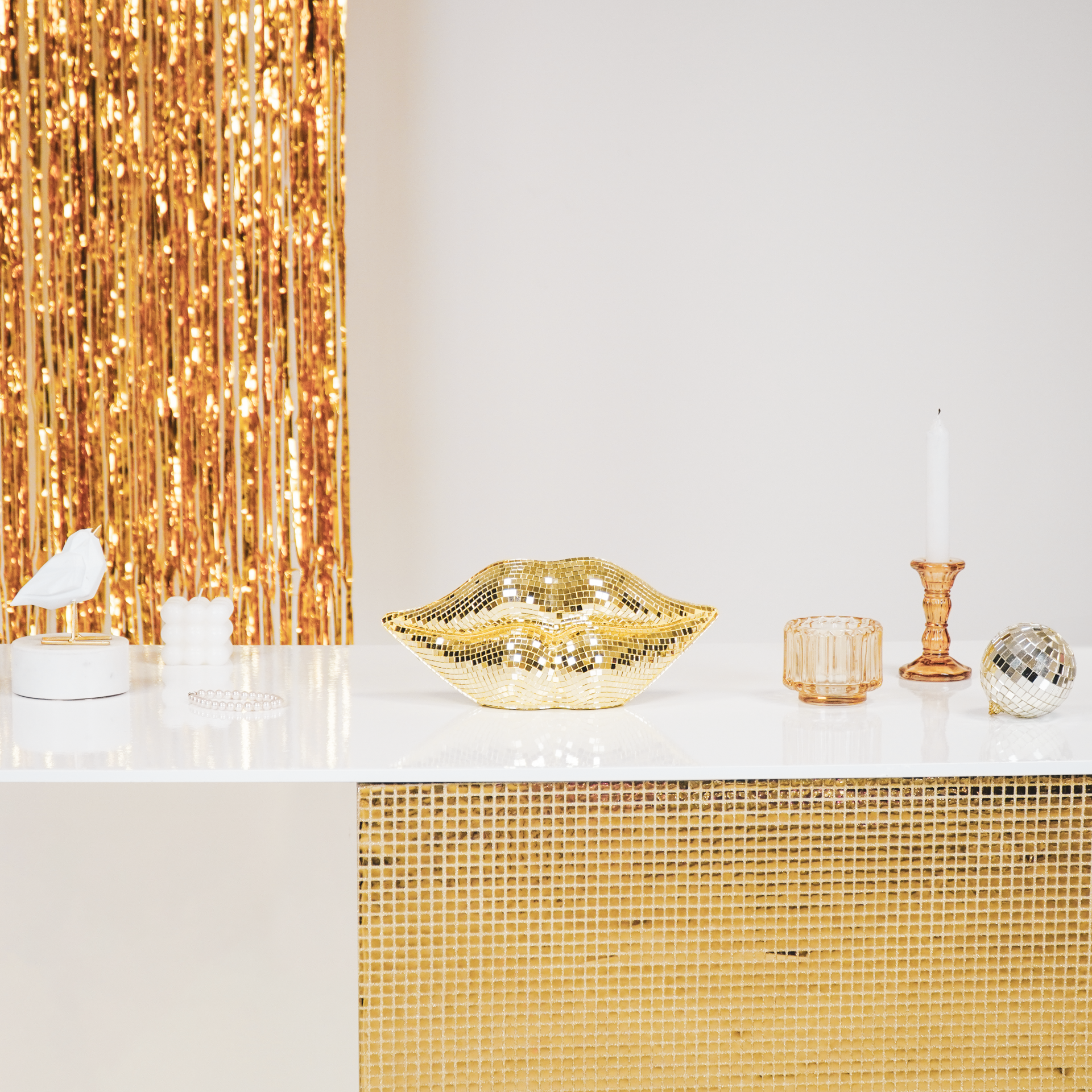 Ornamento - Disco - Labbra - Vetro - Oro - 29x10x13,5cm