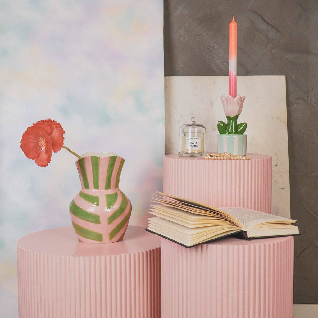 Vaso - Strisce - Gres - Verde/Rosa - 16x16x22cm