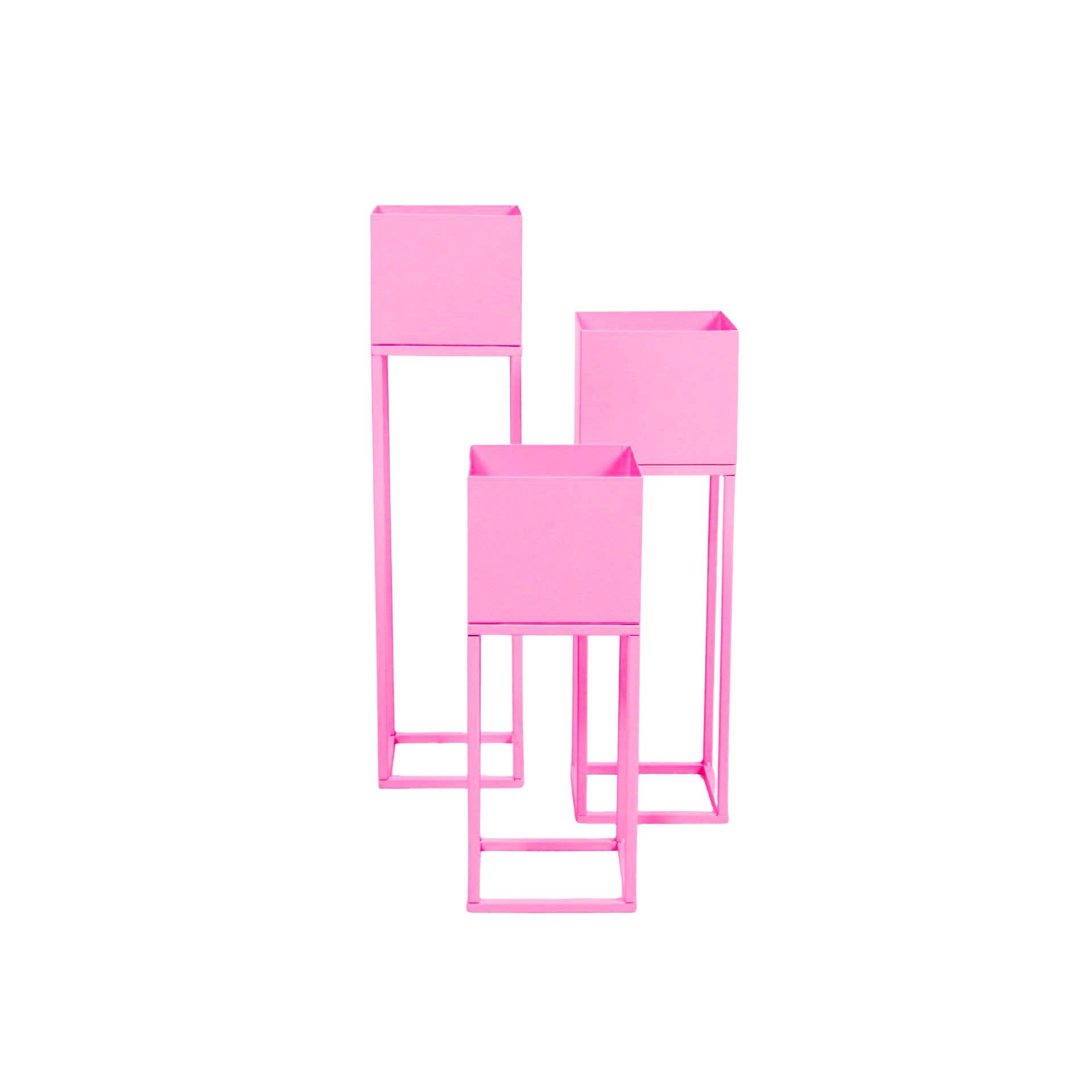 Portapiante - Metallo - Rosa - Set da 3 - 15x15x60/50/40cm