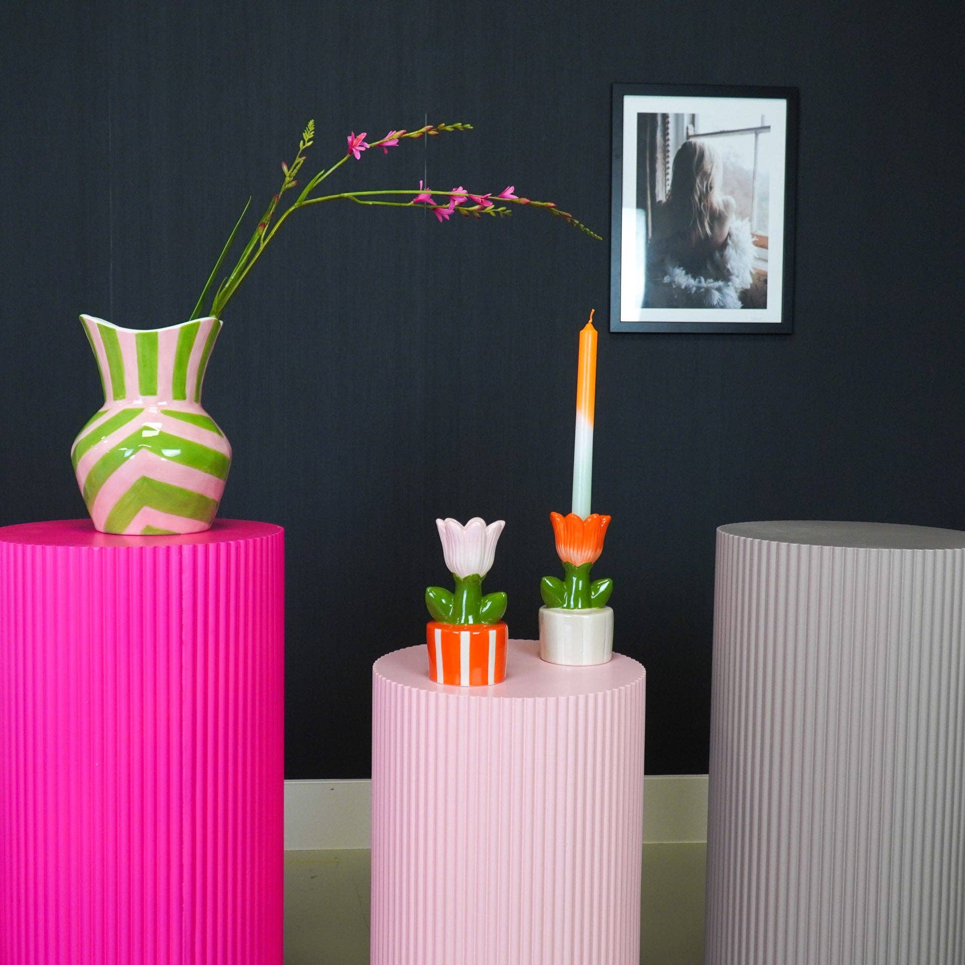 Vaso - Strisce - Gres - Verde/Rosa - 16x16x22cm