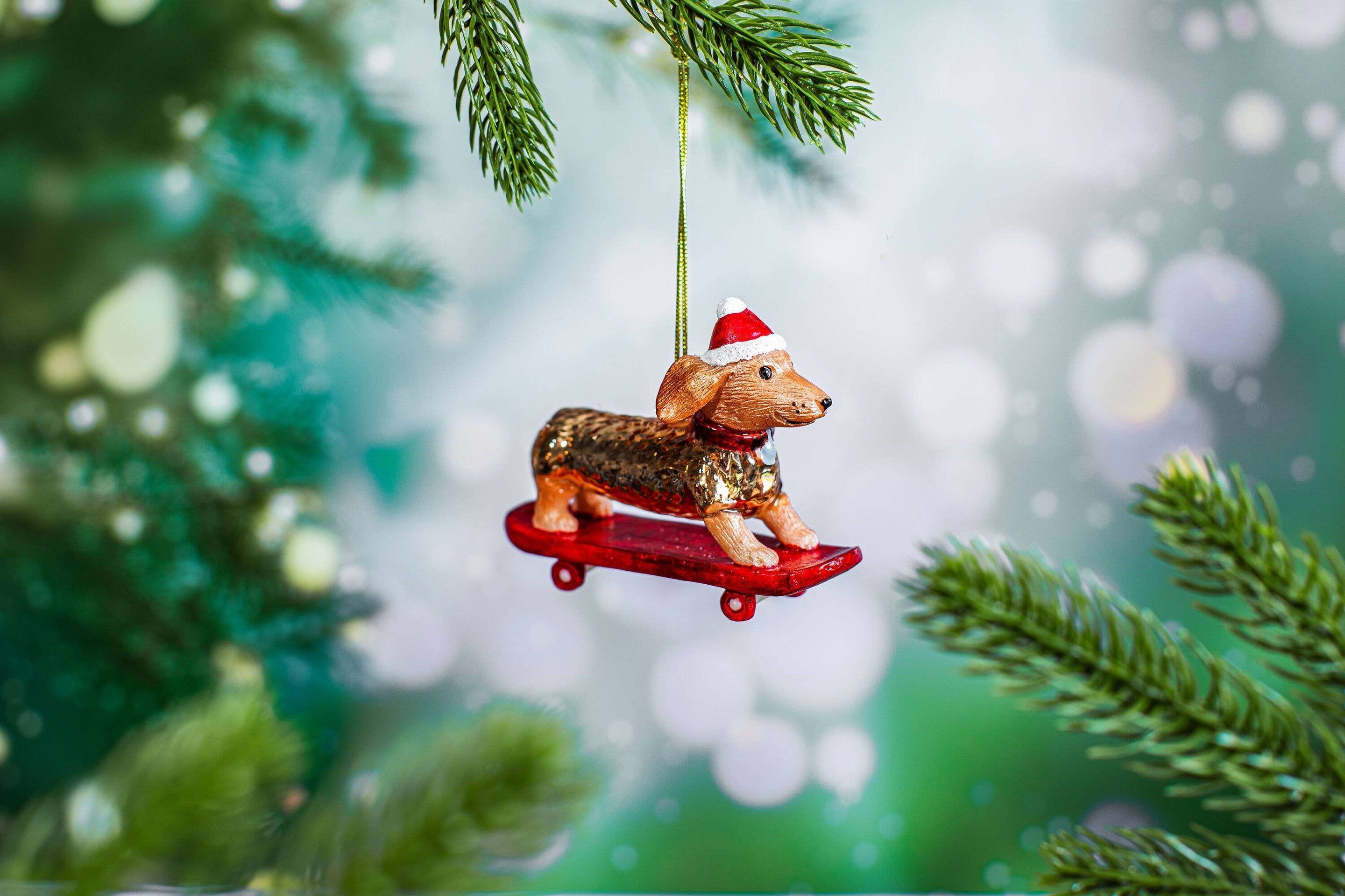 Boule de Noël Teckel sur Skateboard