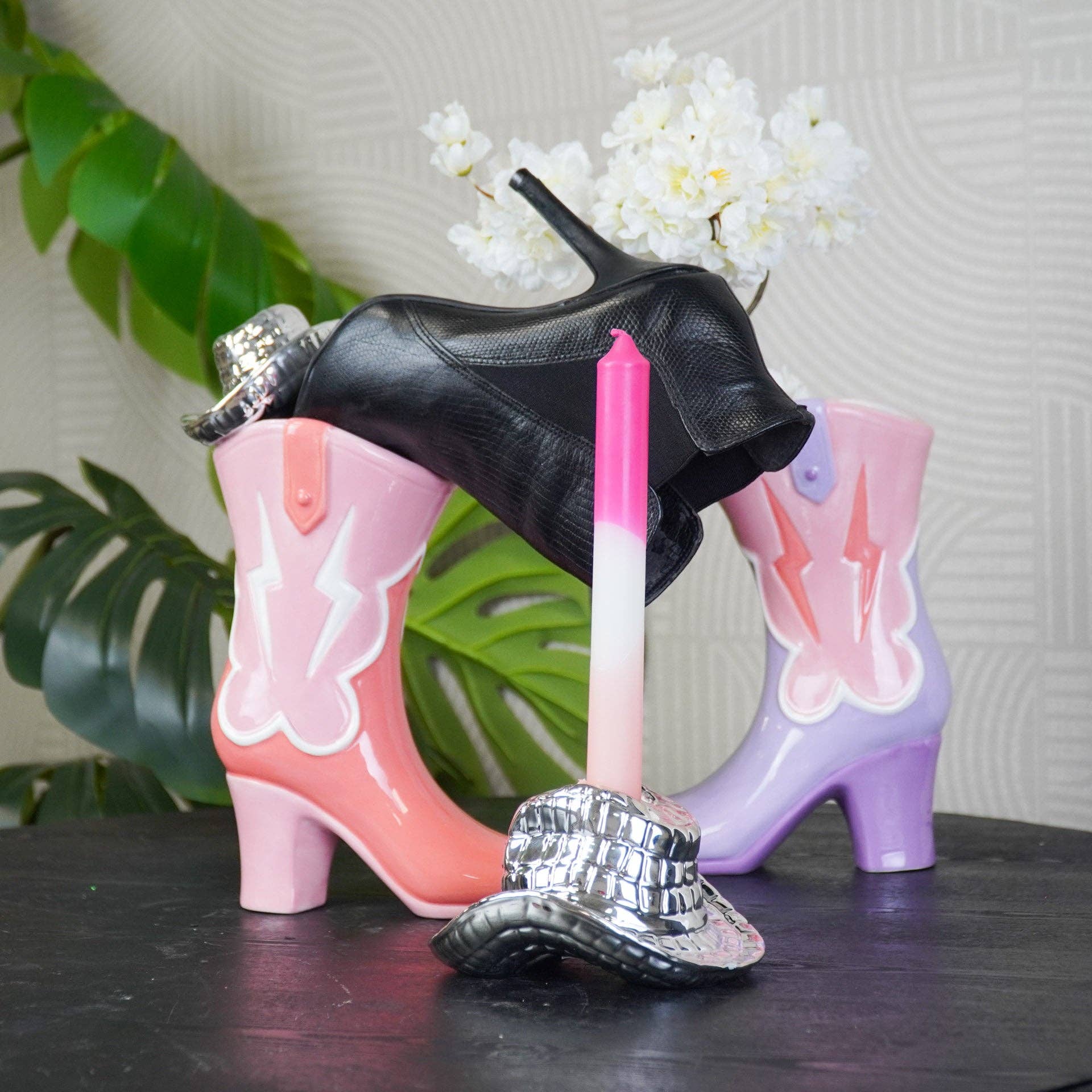 Candelabro - Cappello da Cowboy - Ceramica - Argento - 13,5x11x7 cm