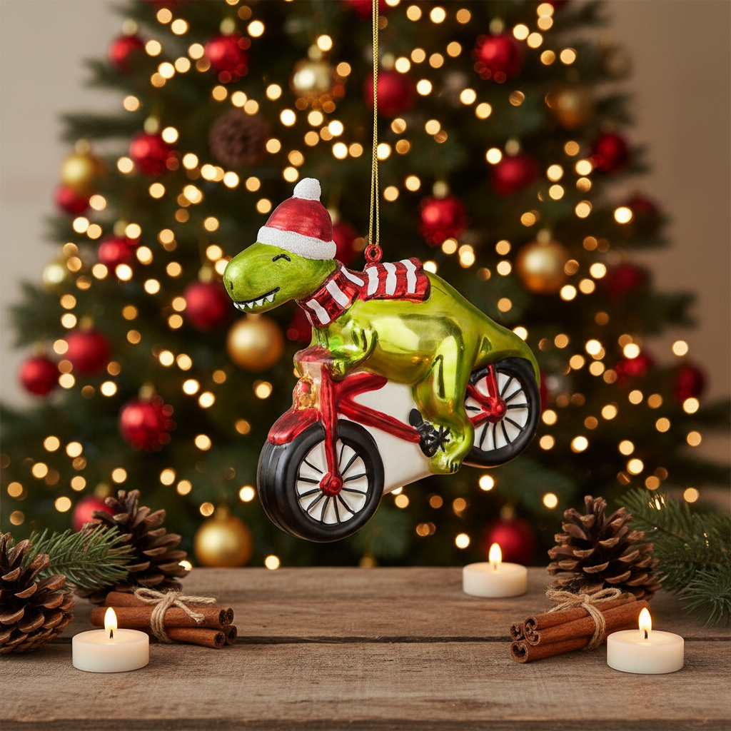 Boule de Noël Dinosaure à Vélo