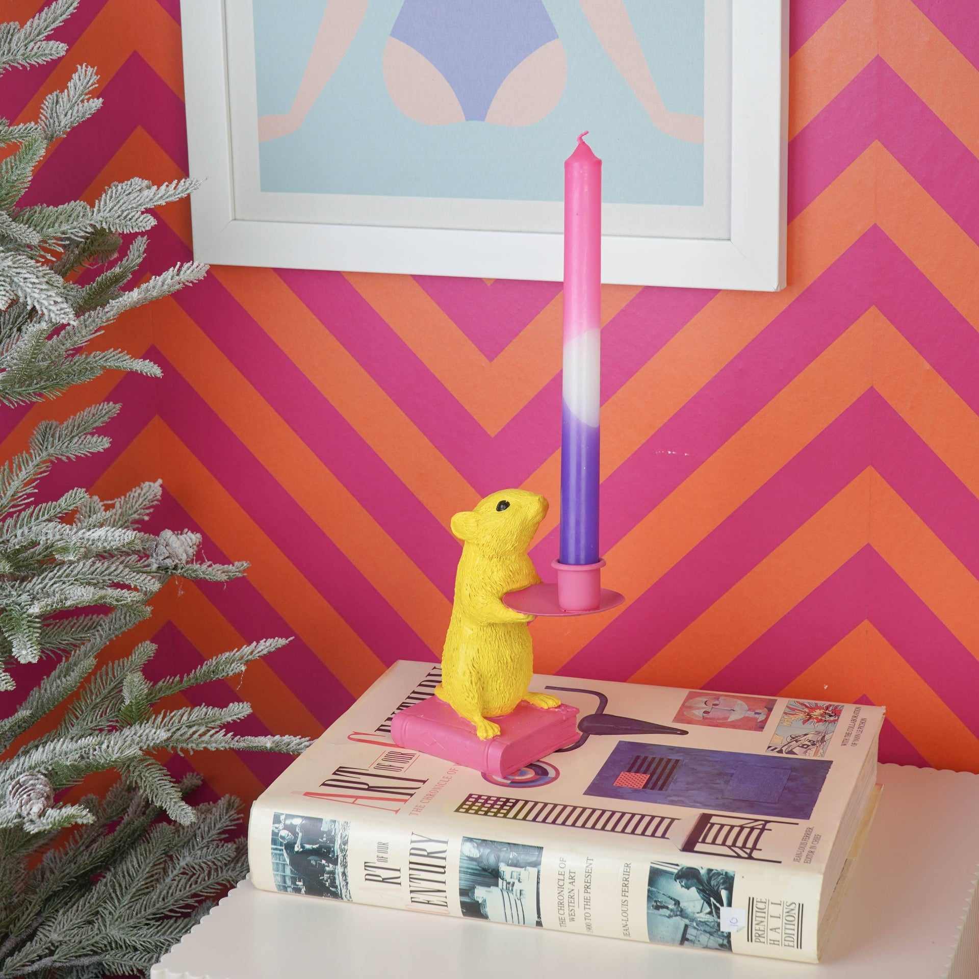 Candelabro - Topo - Poliresina - Giallo/Rosa - 8x10x17cm