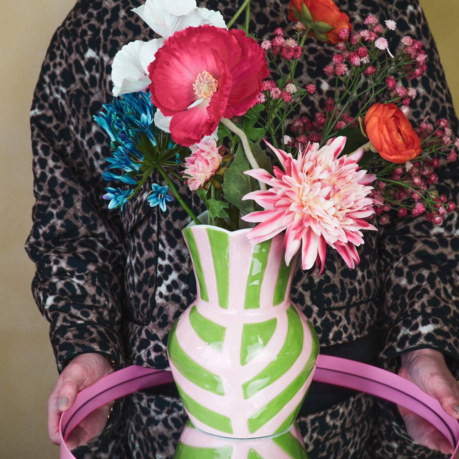Vaso - Strisce - Gres - Verde/Rosa - 16x16x22cm