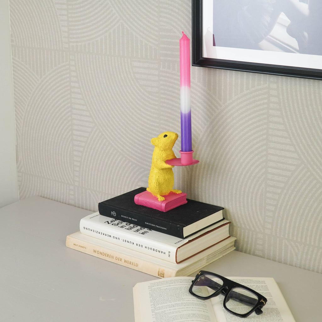 Candelabro - Topo - Poliresina - Giallo/Rosa - 8x10x17cm