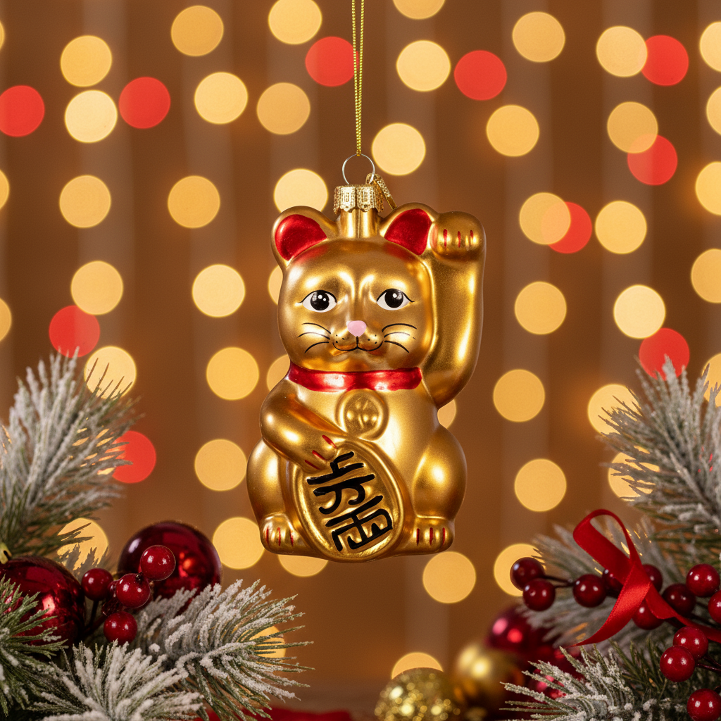 Boule de Noël Chat Chanceux Doré
