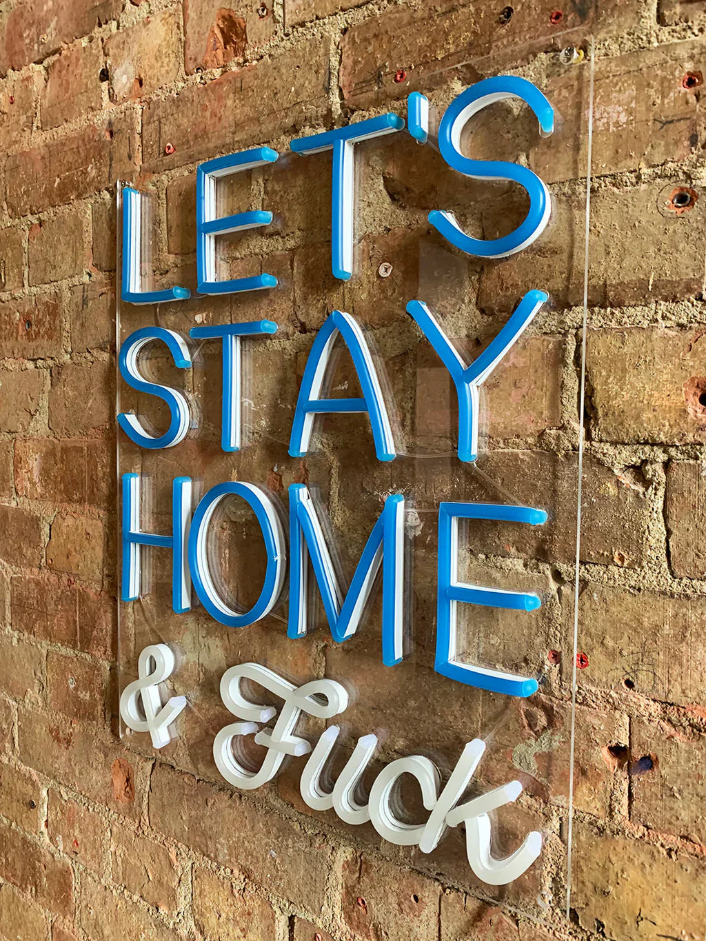 Insegna al Neon da Parete Let's Stay Home and F*ck - Blu