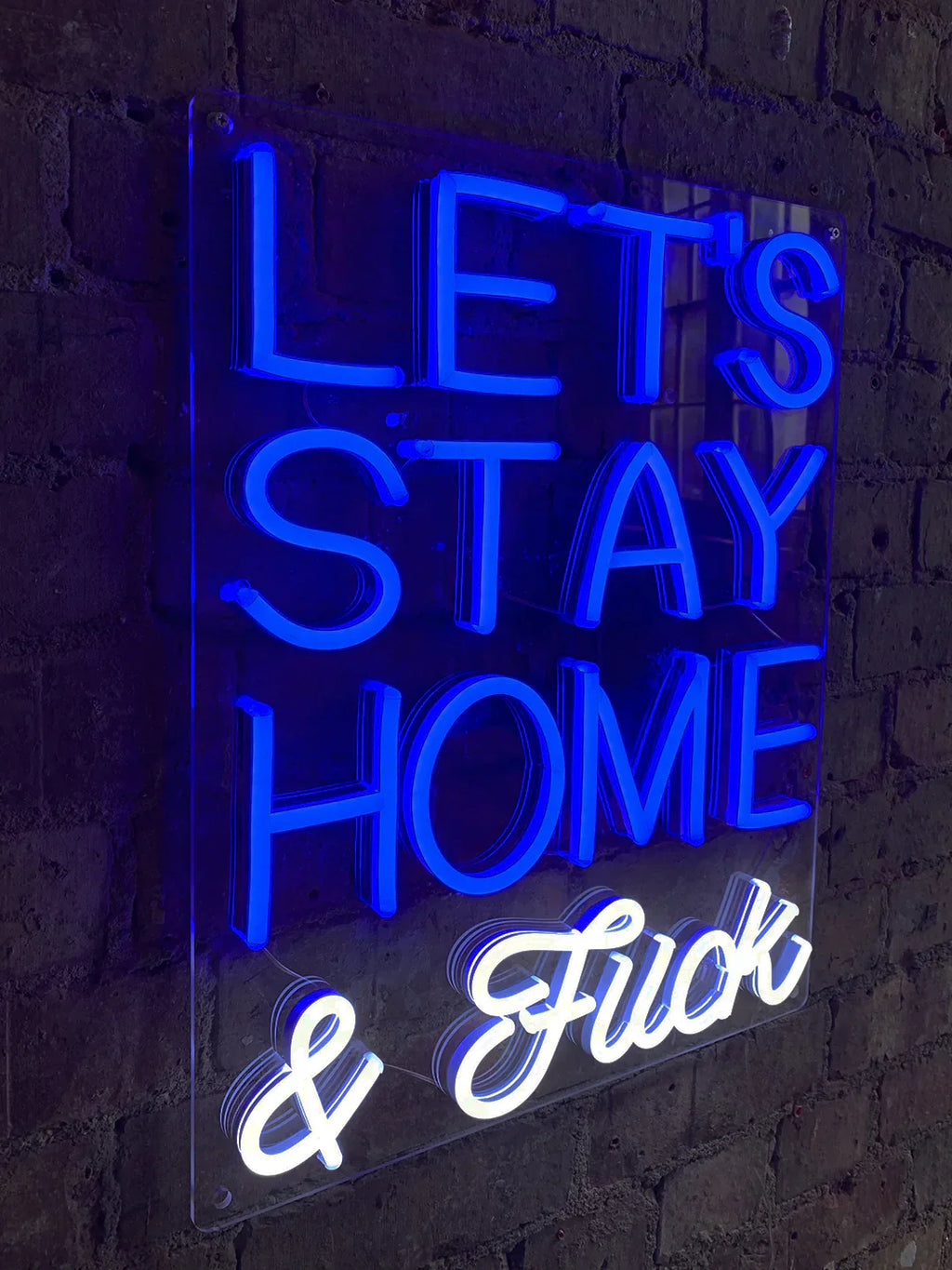 Insegna al Neon da Parete Let's Stay Home and F*ck - Blu
