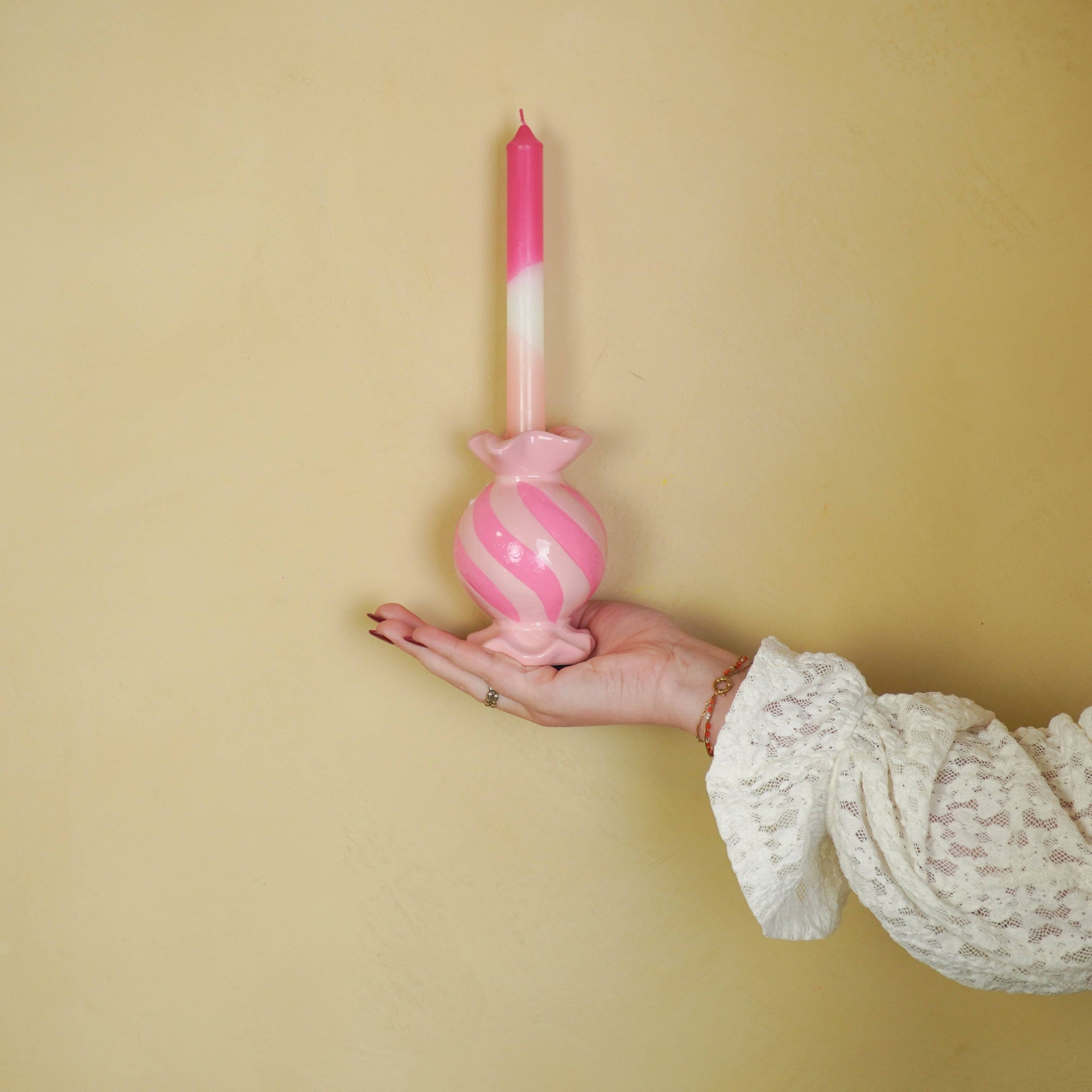 Round Toffee Candy Candle Holder - Ceramic - Pink/Neon - 8.5x8.5x13 cm