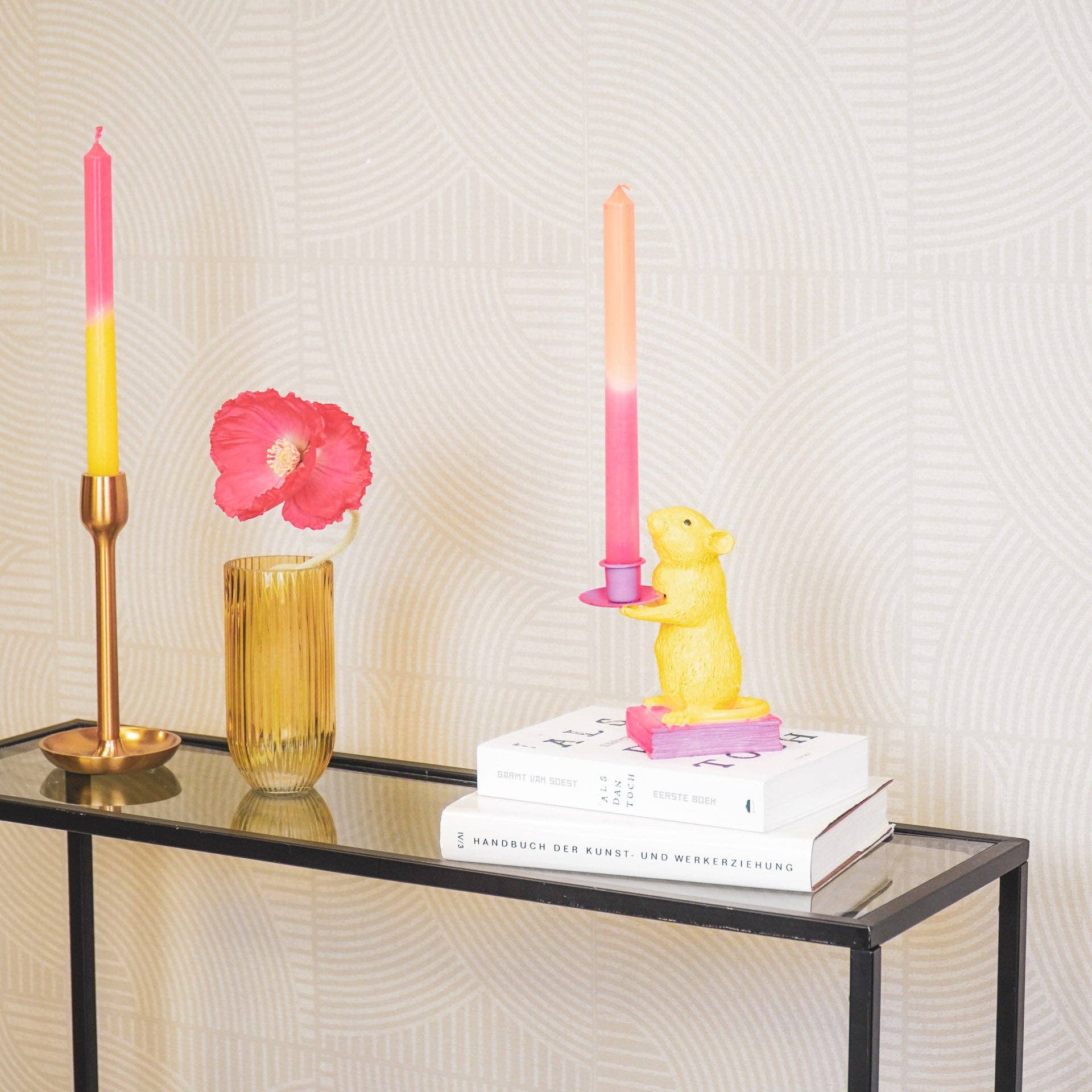 Candelabro - Topo - Poliresina - Giallo/Rosa - 8x10x17cm