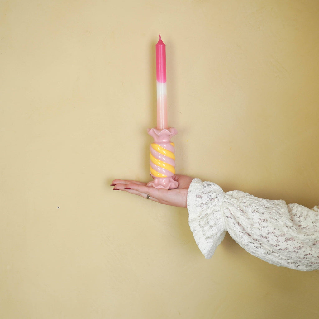 Candlestick - Toffee Candy - Ceramic - Pink/Yellow - 7.5x7.5x13 cm