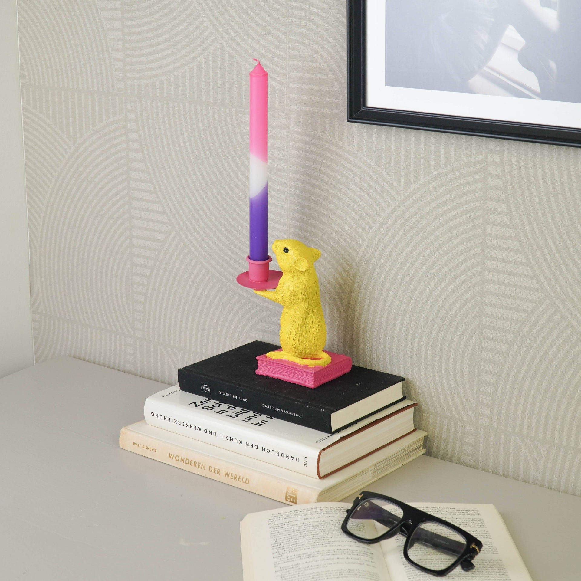 Candelabro - Topo - Poliresina - Giallo/Rosa - 8x10x17cm