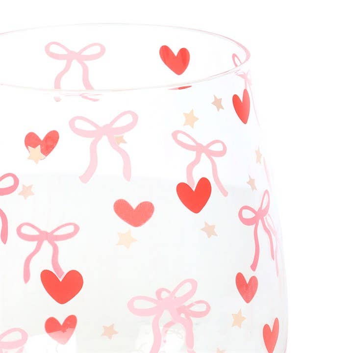 Stemless glass with bow and heart pattern