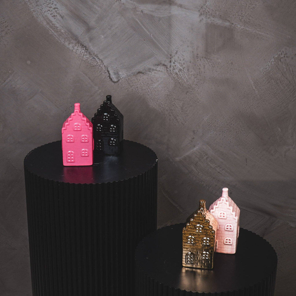 Ornamento - Salvadanaio - Casa - Ceramica - Rosa Neon - 7x7x13cm