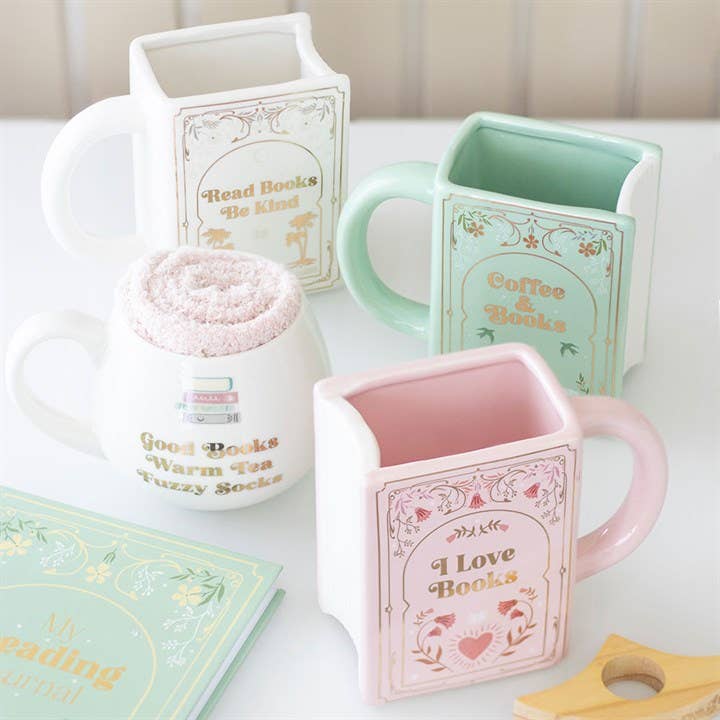 “I Love Books” Book Shaped Mug Pink