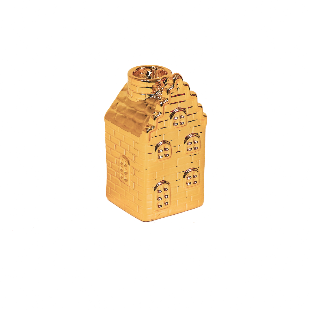 Portacandela - Casa - Ceramica - Dorato - 6x6x11cm