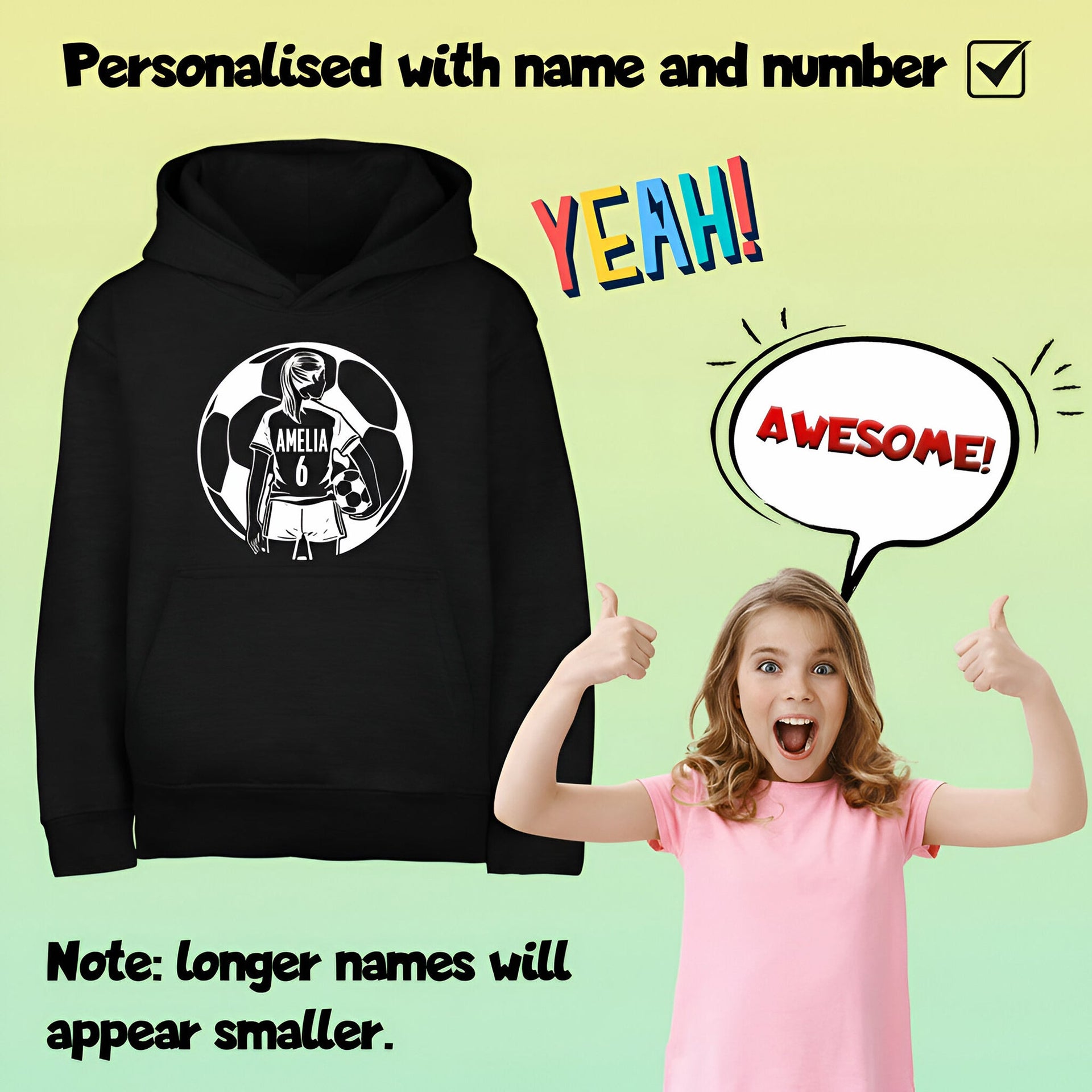 Sweat à capuche football – Fringoo football noir for Girls Cotton Rich Soft Hooded – football Ball Girls noir