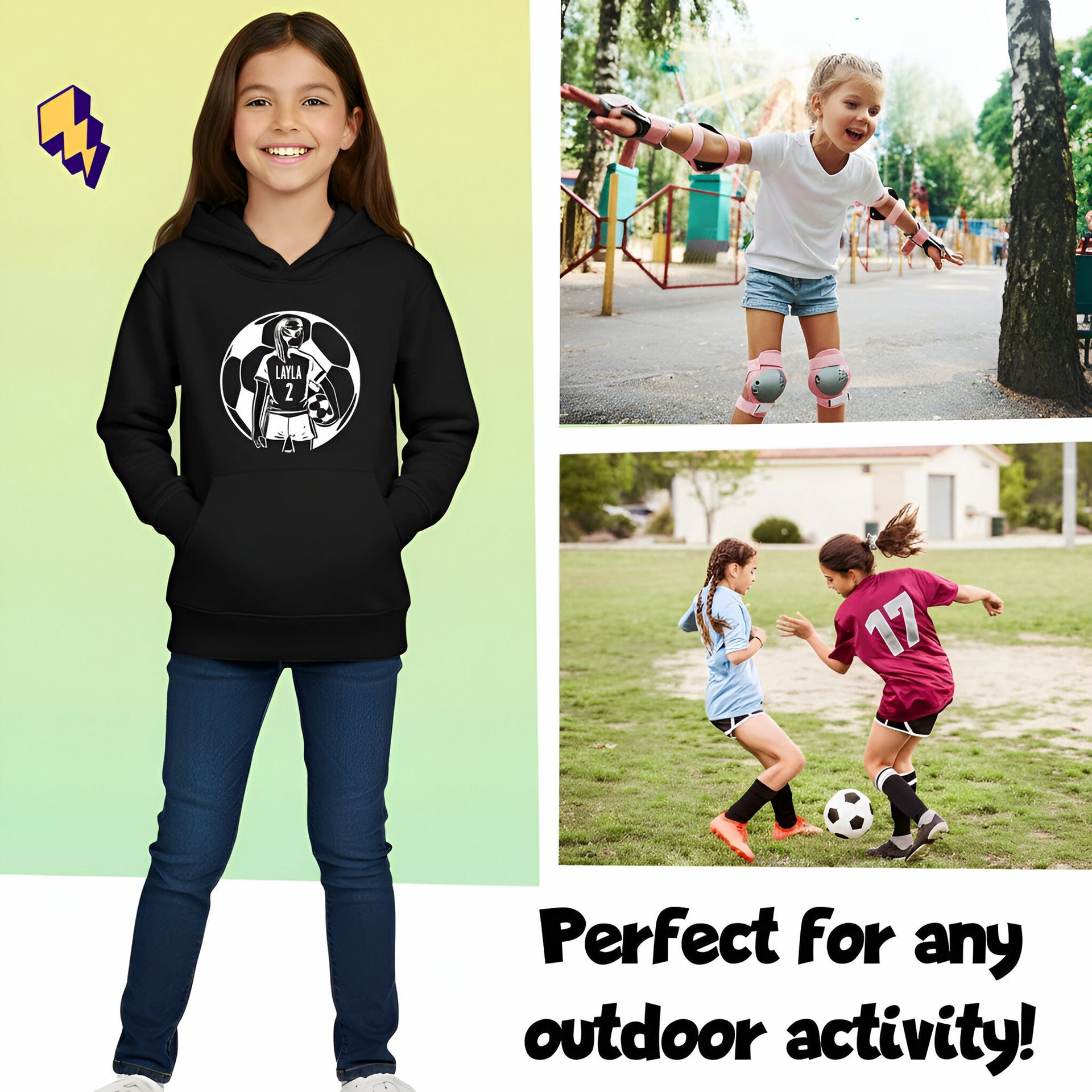 Sweat à capuche football – Fringoo football noir for Girls Cotton Rich Soft Hooded – football Ball Girls noir