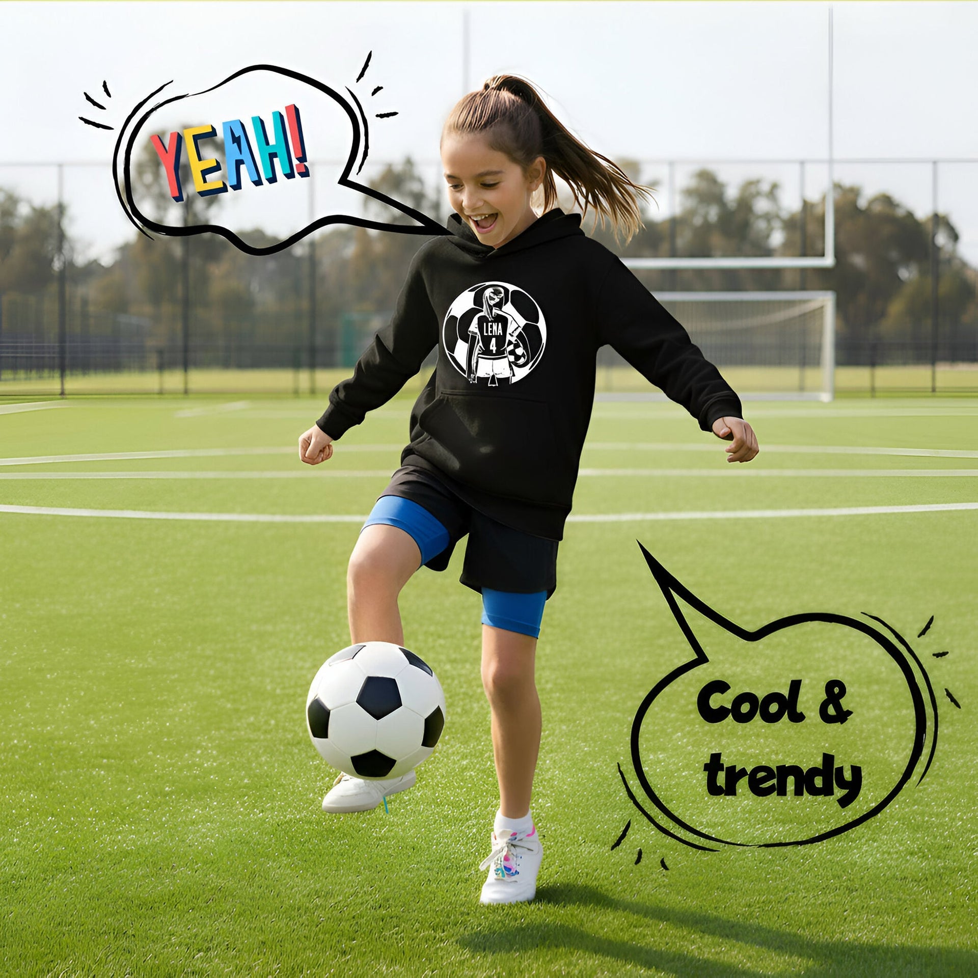 Sweat à capuche football – Fringoo football noir for Girls Cotton Rich Soft Hooded – football Ball Girls noir