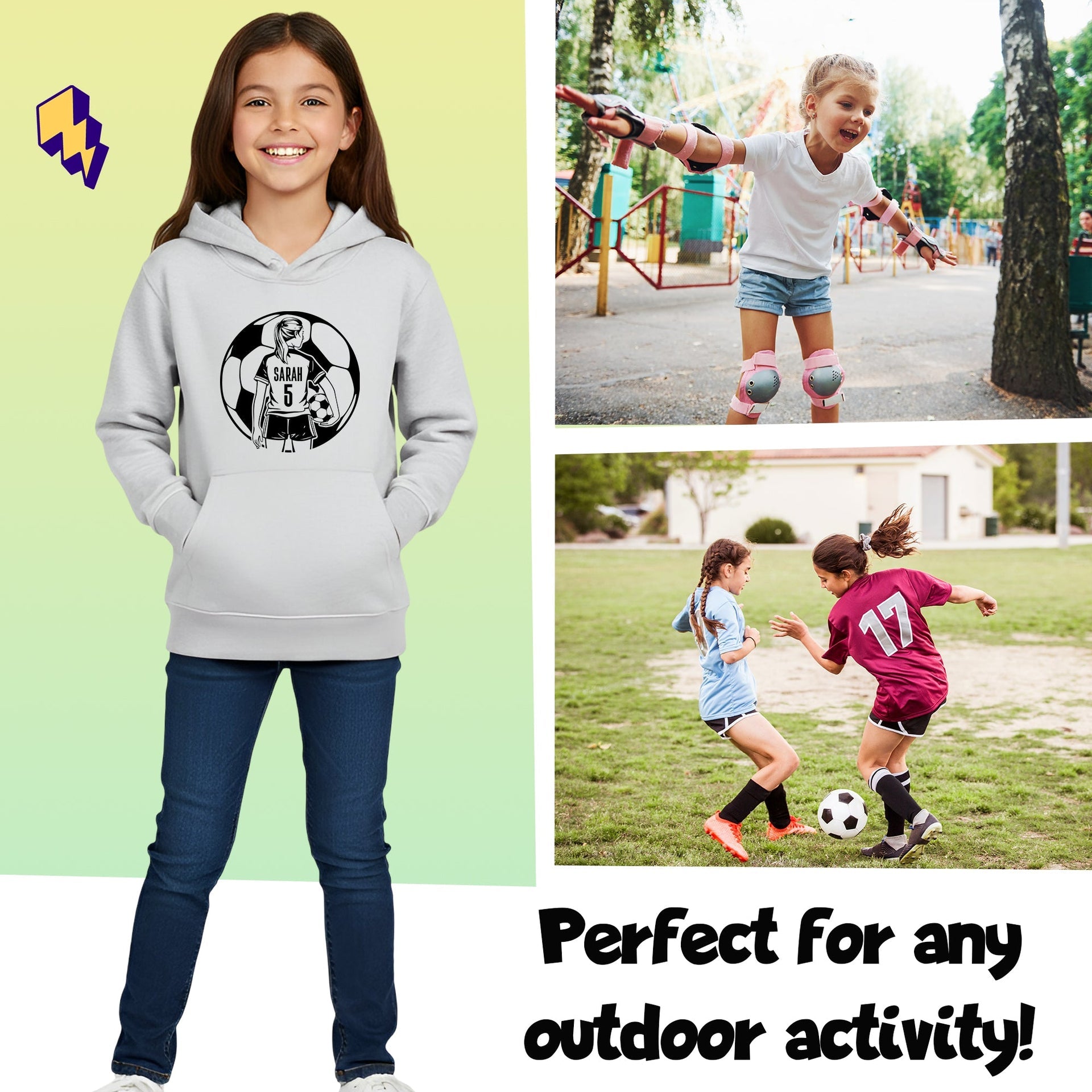 Sweat à capuche football – Fringoo football gris for Girls Cotton Rich Soft Hooded – football Ball Girls gris