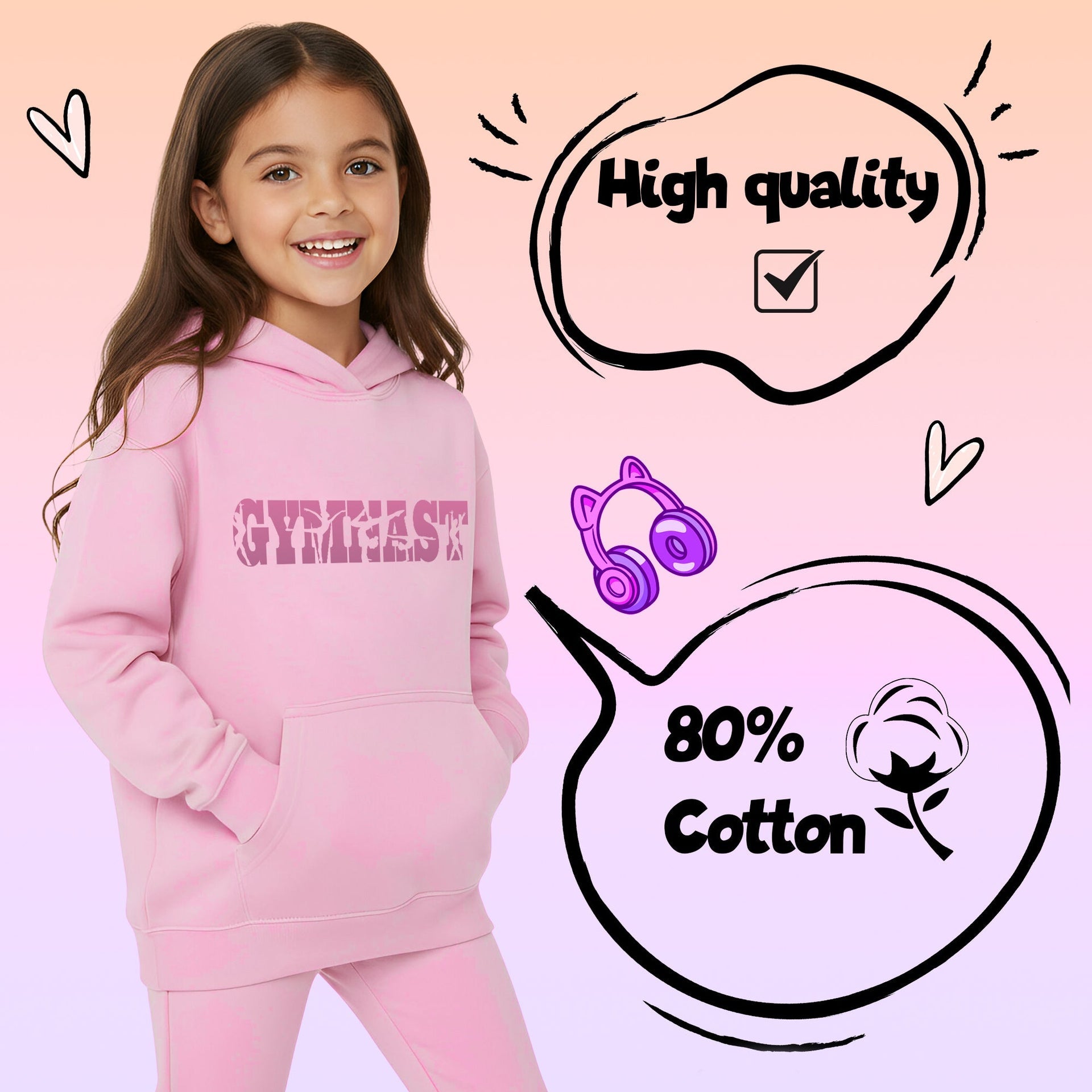 Sweat à capuche gymnastique – Fringoo Gymnastic for Cotton Rich Soft Hooded – Gymnast rose