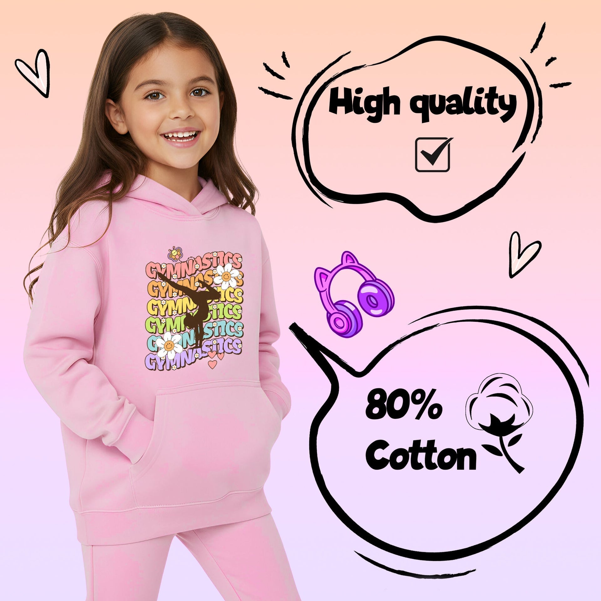 Sweat à capuche gymnastique – Fringoo Gymnastic for Cotton Rich Soft Hooded – Gymnastic Daisy- rose