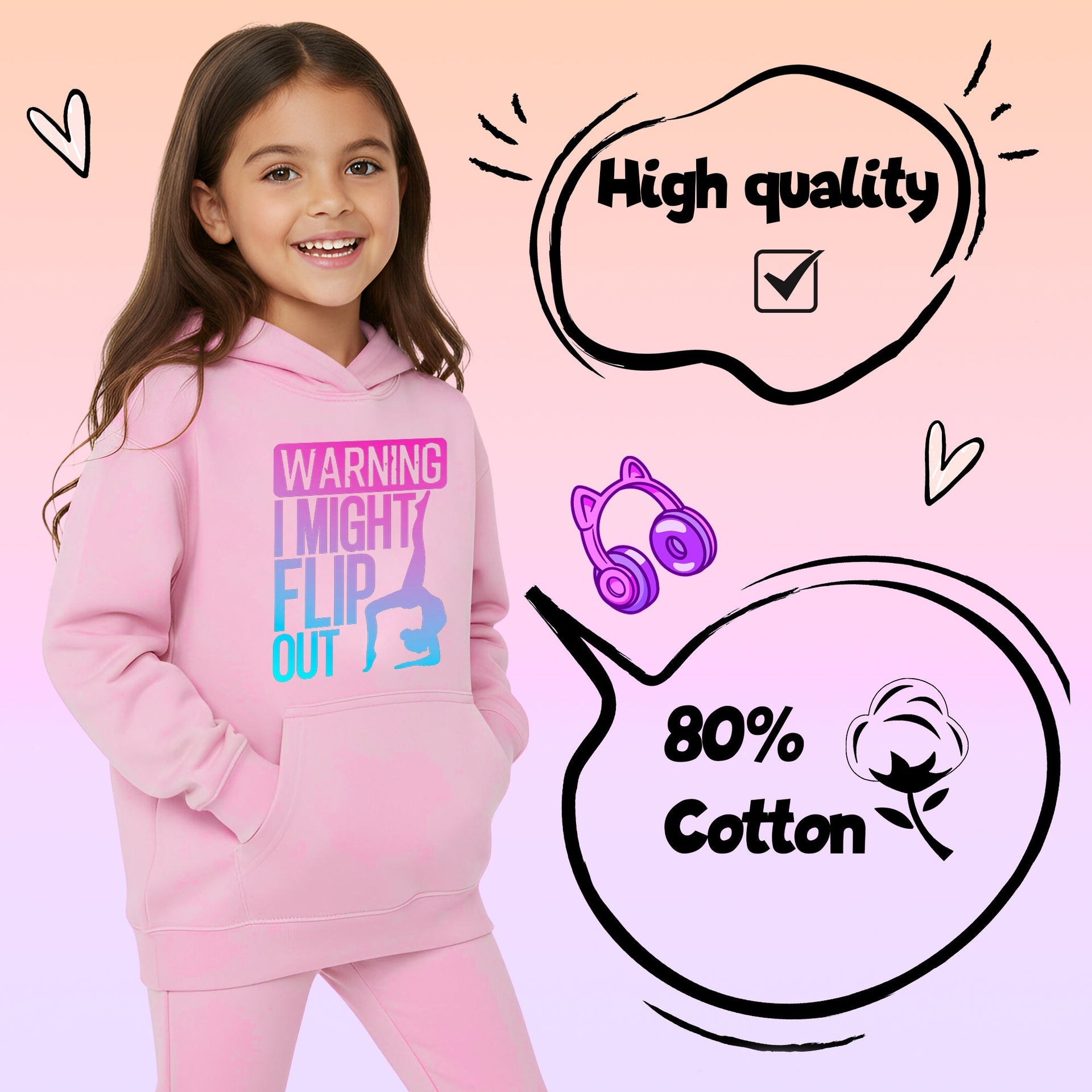 Sweat à capuche gymnastique – Fringoo Gymnastic for Cotton Rich Soft Hooded – Gymnastic Flip out- rose