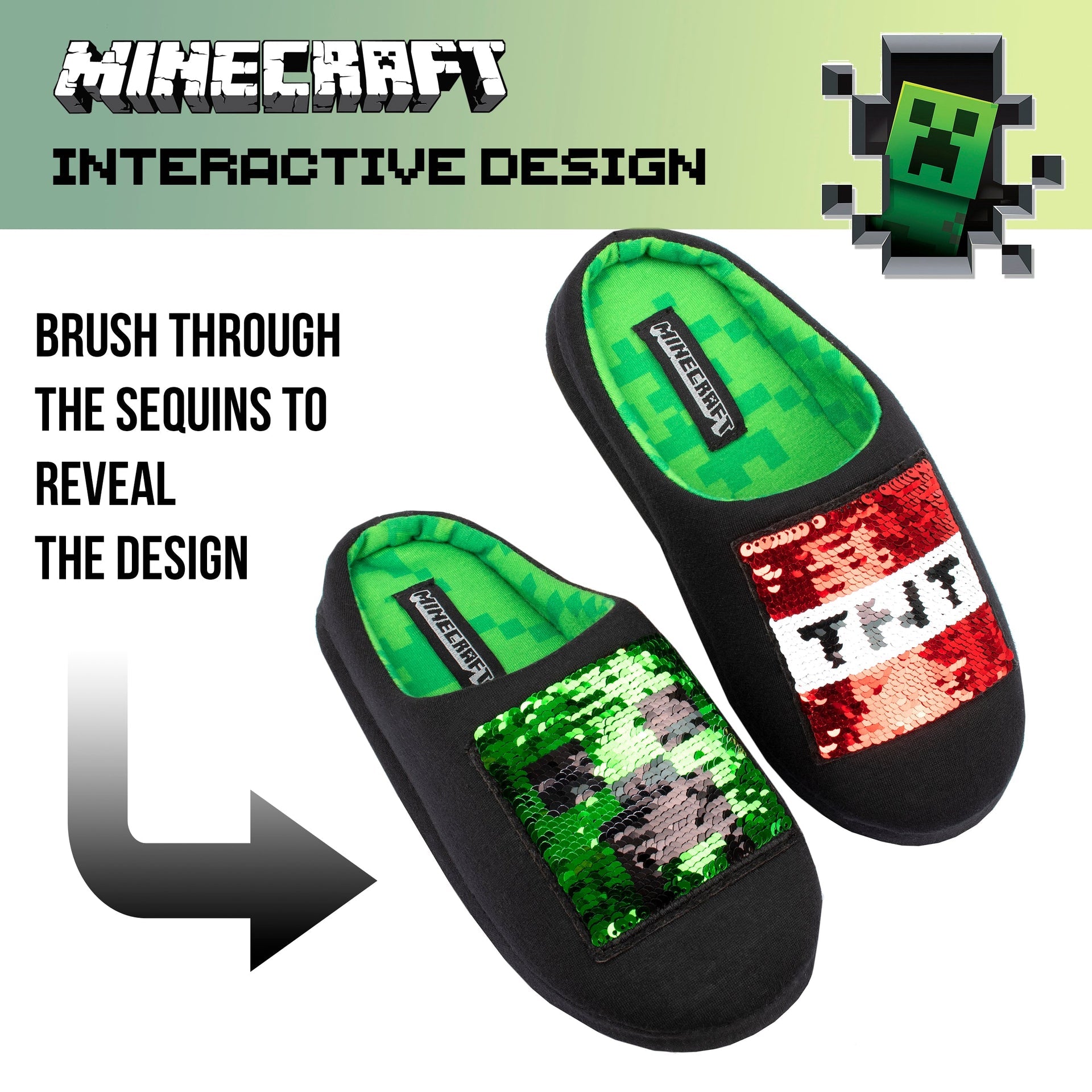 Chaussons enfant – Minecraft à sequins – Creeper & TNT Box
